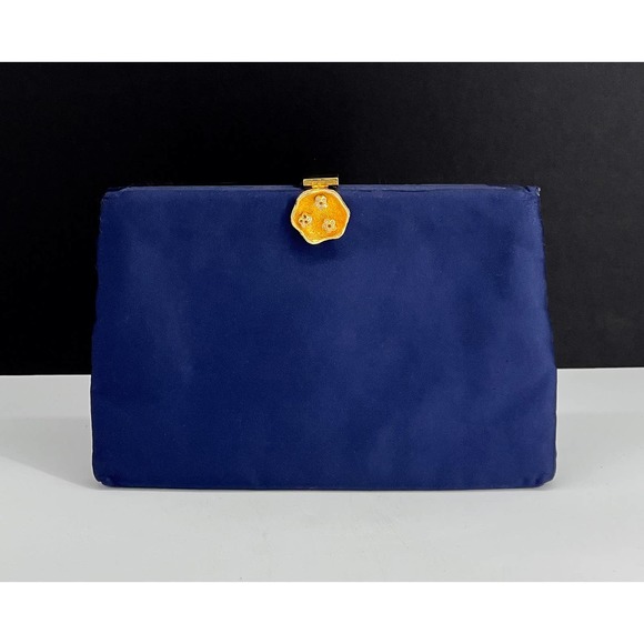 Ingber Navy Satin Clutch with Gold and Rhinestone Closure - Picture 1 of 5